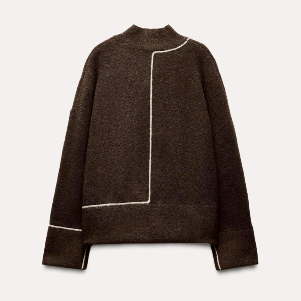 2024 Zara Brown Knit Sweater with Contrasting Piping